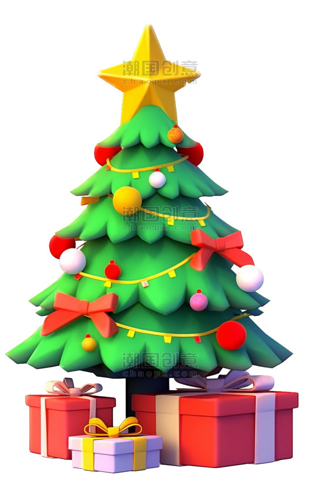 潮国创意圣诞节3d绿色圣诞树免抠元素