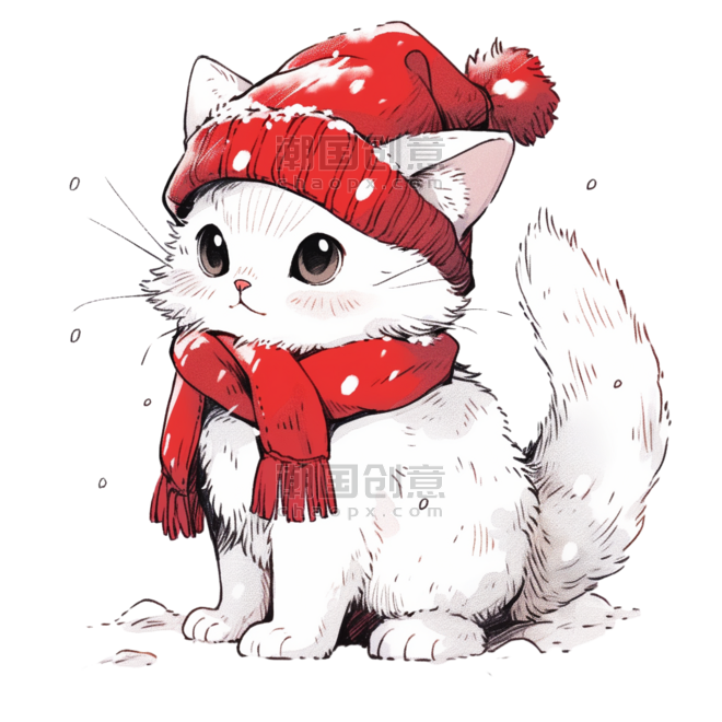 潮国创意冬天手绘圣诞节小猫卡通元素动物宠物