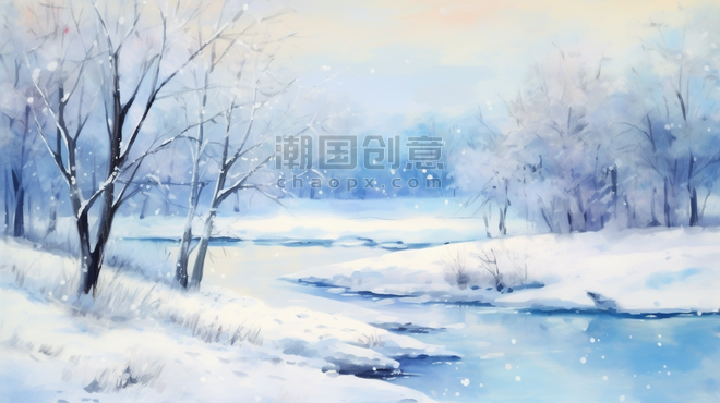 潮国创意唯美冬季风景大雪风景场景背景冬天冬季雪景