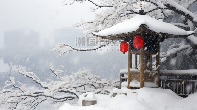 潮国创意冬日冰雪覆盖的凉亭红灯笼冬天冬季冬日大雪下雪
