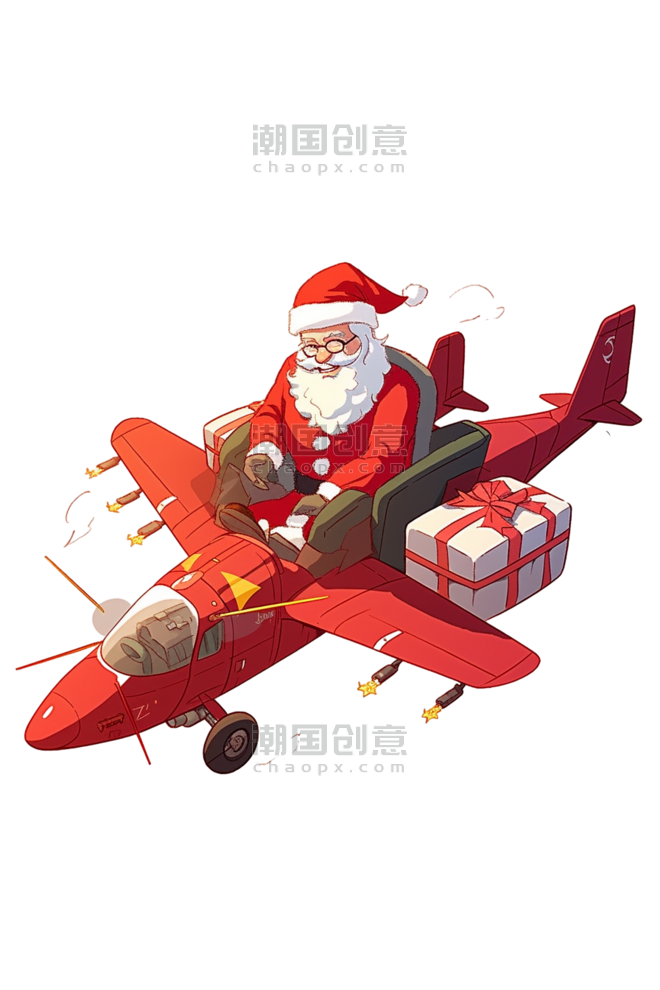 潮国创意圣诞节圣诞老人飞机礼盒卡通手绘元素