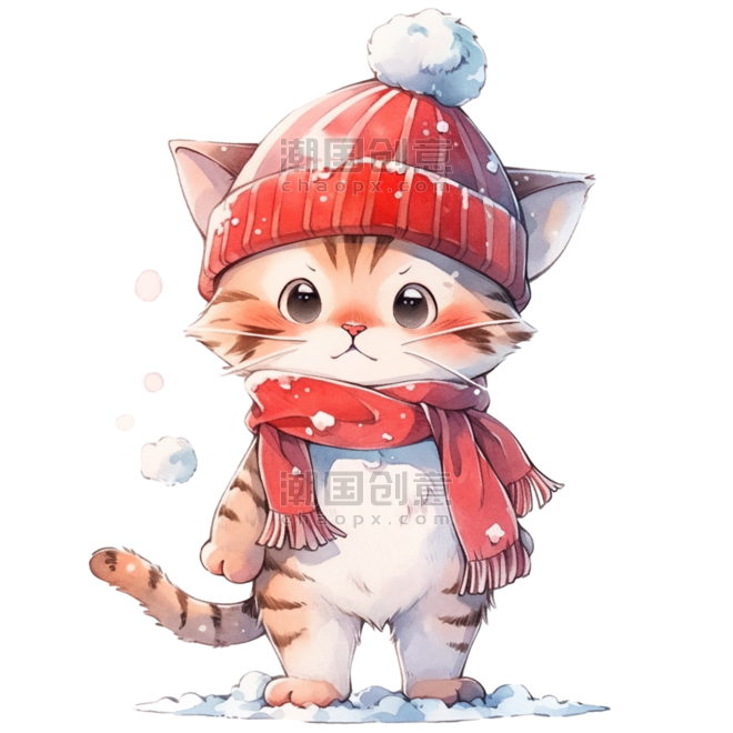潮国创意手绘元素冬天圣诞节小猫卡通漫画拟人动物宠物