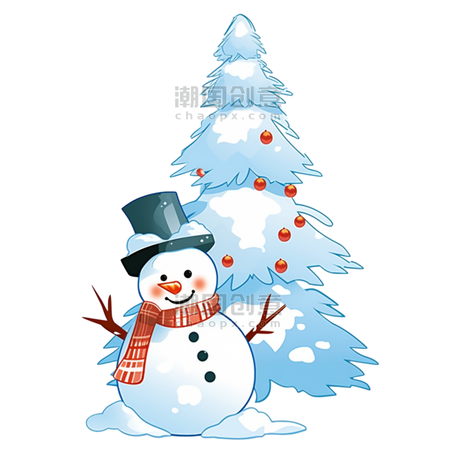潮国创意圣诞节雪人手绘松树卡通元素