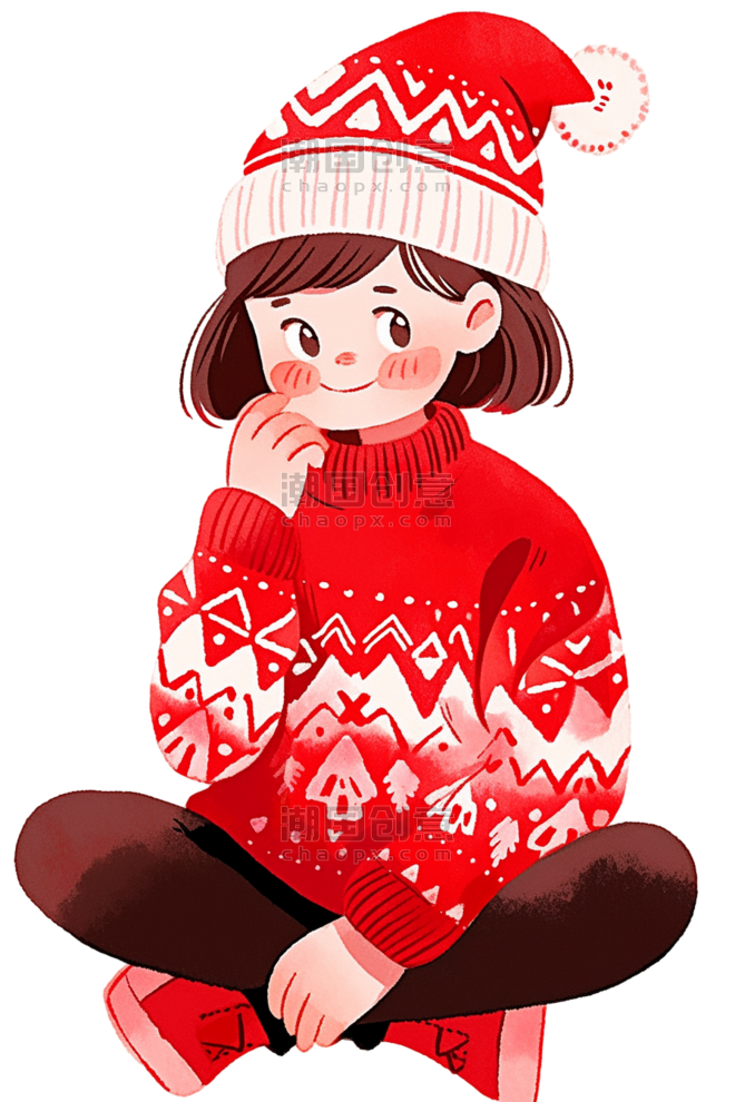 潮国创意新年圣诞节可爱女孩卡通元素手绘人物冬天毛衣