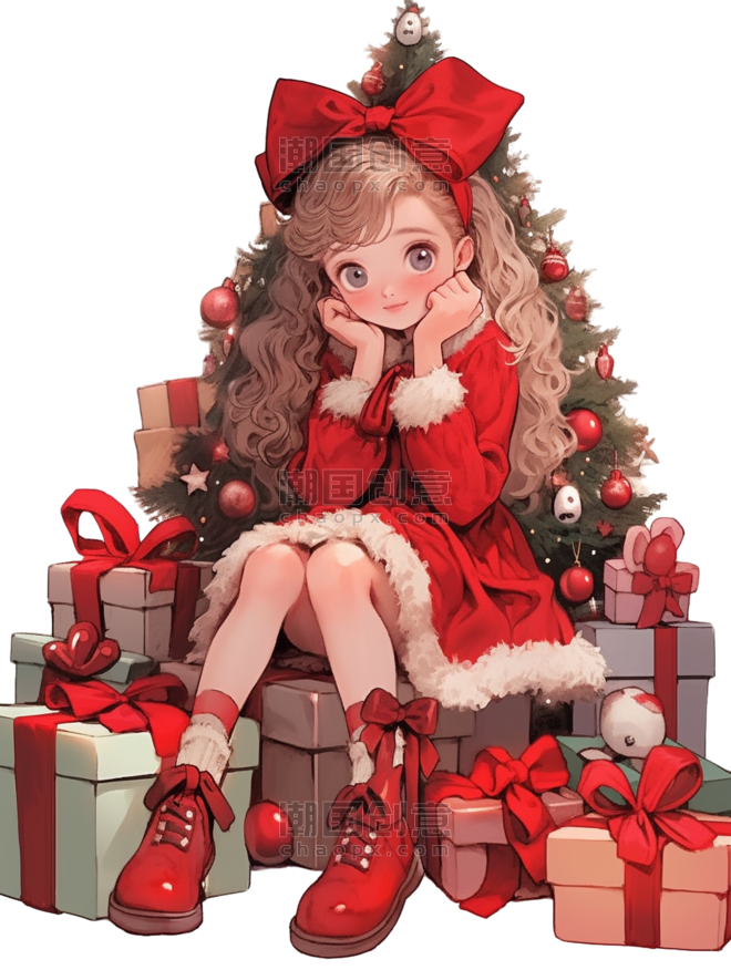 潮国创意冬天圣诞节可爱女孩礼盒手绘元素卡通二次元漫画人物