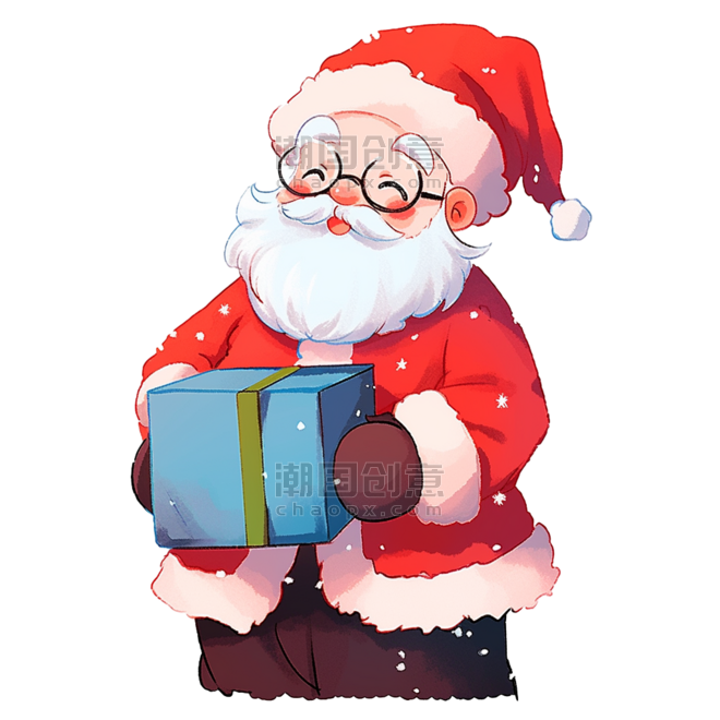 潮国创意圣诞老人拿着蓝色礼盒圣诞节卡通手绘元素