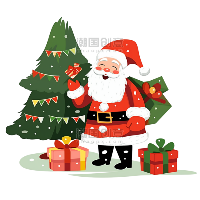 潮国创意圣诞节圣诞老人松树手绘礼盒卡通元素