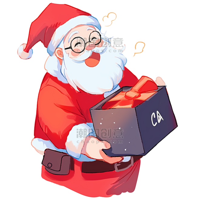潮国创意圣诞节拿着蓝色礼盒卡通圣诞老人手绘元素