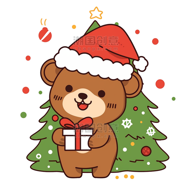 潮国创意圣诞节卡通小熊松树手绘元素