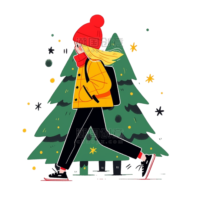 潮国创意插画元素冬天圣诞节女孩圣诞树扁平