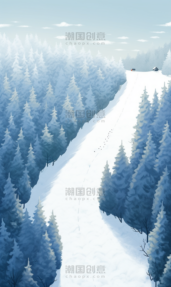 潮国创意冬季二十四节气大雪海报插画雪景冬天森林小路