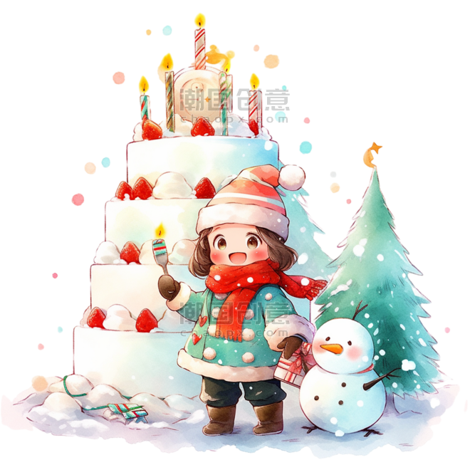潮国创意可爱女孩雪人卡通圣诞节手绘元素冬天冬季生日蛋糕