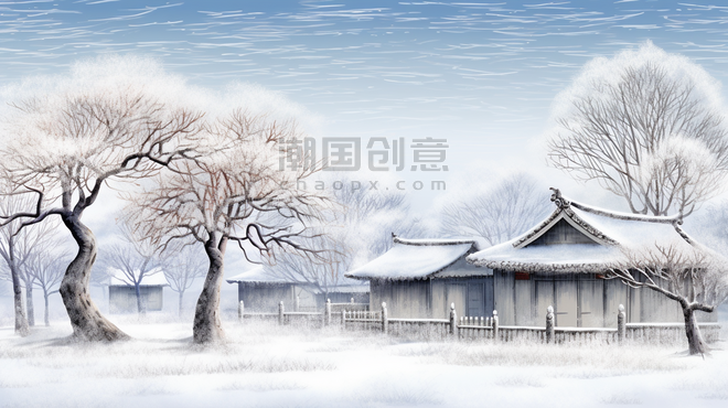 潮国创意中国风冬季古典建筑雪景插画30冬天国潮下雪大雪