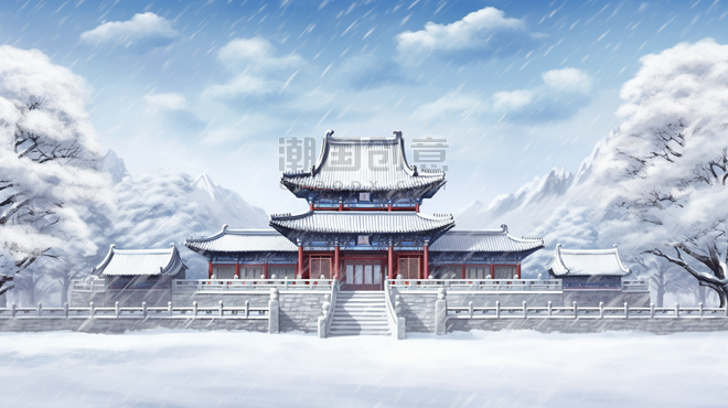 潮国创意中国风冬季古典建筑雪景插画4冬天国潮下雪大雪