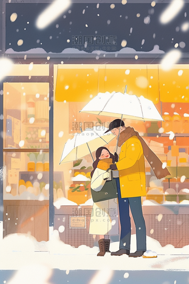潮国创意冬天情侣雪景手绘海报插画温馨恋爱浪漫扁平黄色
