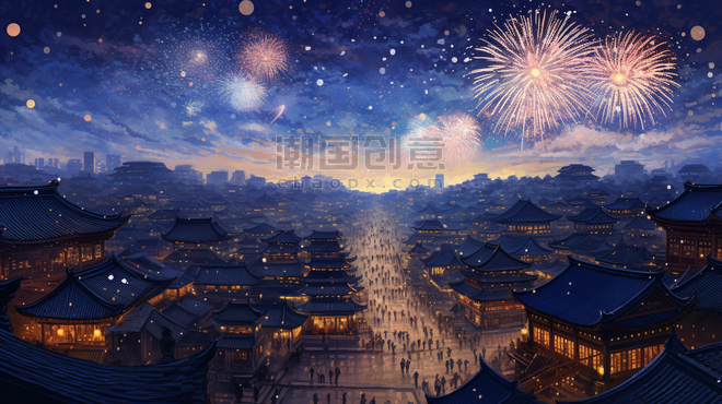 潮国创意中国风古城烟花秀插画12国潮中国风新年城市