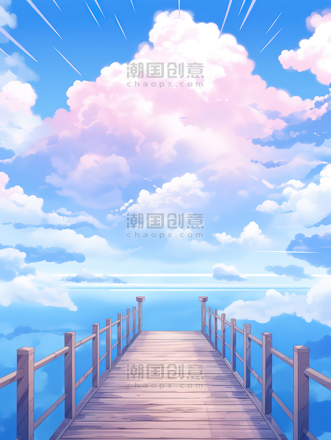 潮国创意蓝天白云天空卡通风格16云朵云海浪漫唯美漫画桥空境