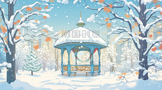 潮国创意冬天大雪中的公园凉亭6冬季雪景树林