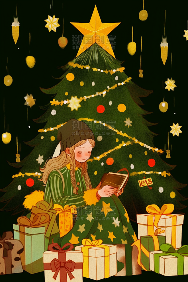 潮国创意圣诞树女孩卡通手绘圣诞节元素温馨