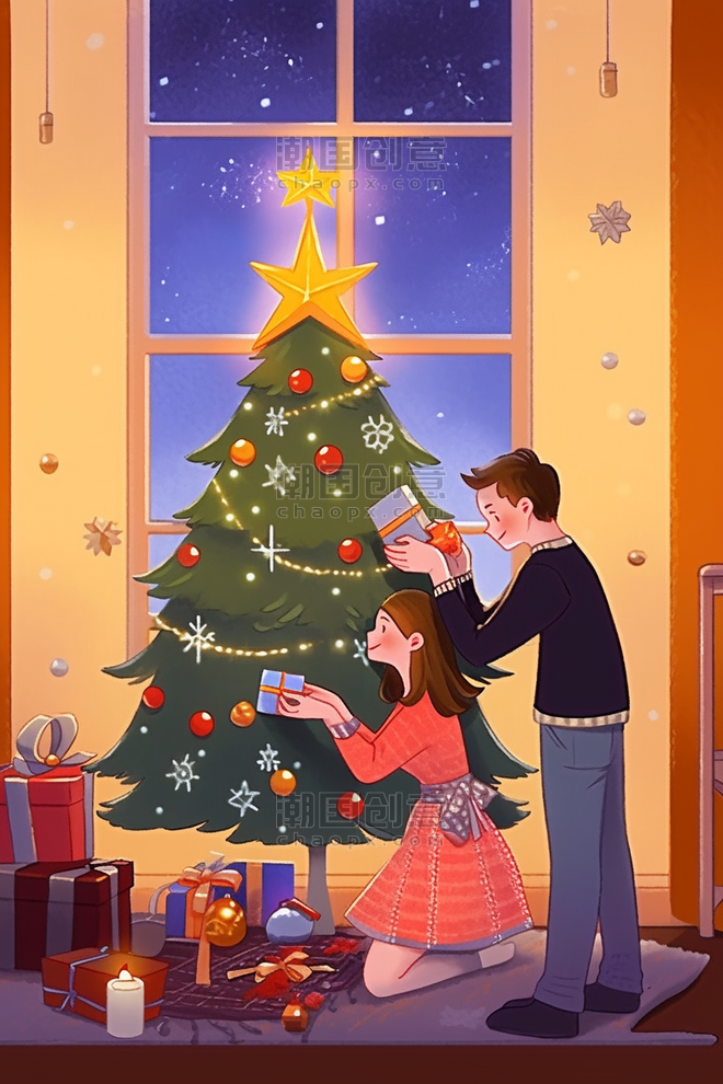 潮国创意新年圣诞节装饰情侣手绘海报插画温馨