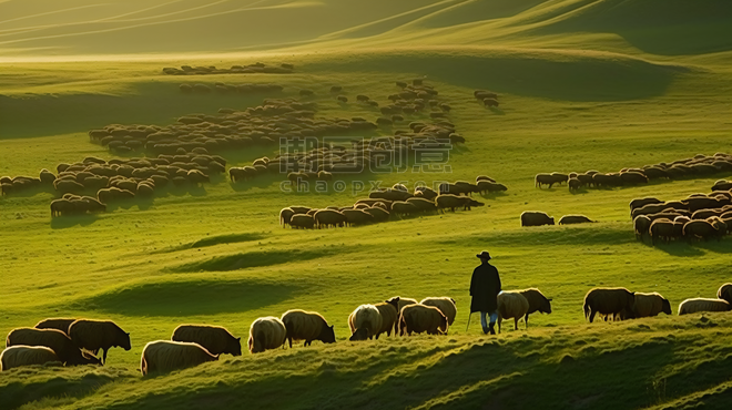 潮国创意新疆特克斯草原骏马大草原绿色草地风景牛羊