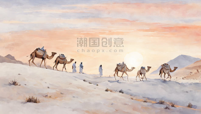 潮国创意沙漠绿洲插画风景白天日出风景骆驼旅行者敦煌