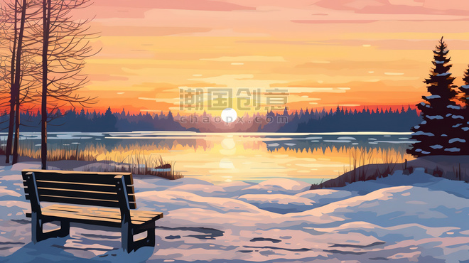 潮国创意日落时在湖边有一张长椅4冬天冬季夕阳长椅风景