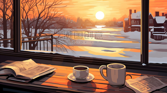 潮国创意桌子咖啡窗外冬天的早晨2温馨浪漫