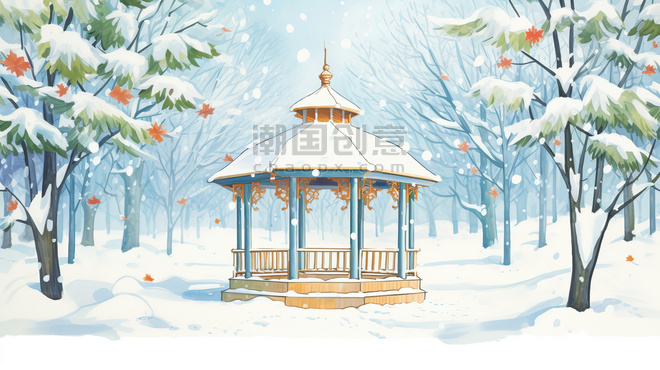 潮国创意冬天大雪中的公园凉亭16冬季雪景树林