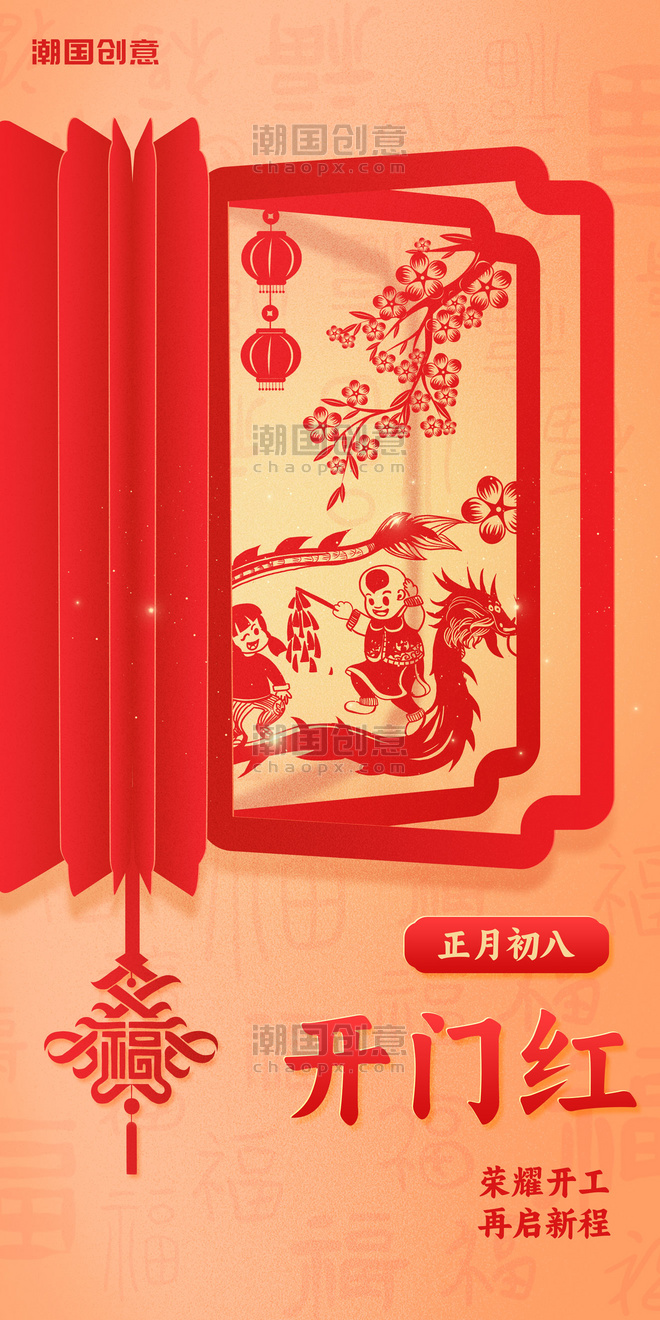 春节习俗开门红正月初八海报