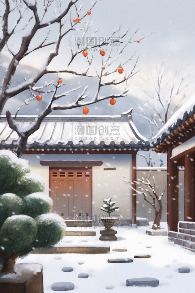潮国创意院内雪景手绘插画海报冬天中国风庭院