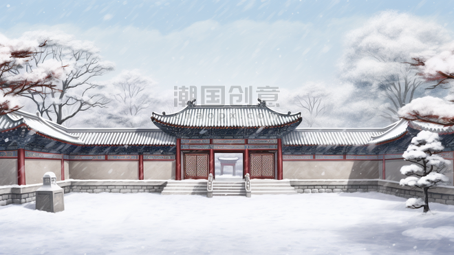 潮国创意中国风冬季古典建筑雪景插画2冬天国潮下雪大雪