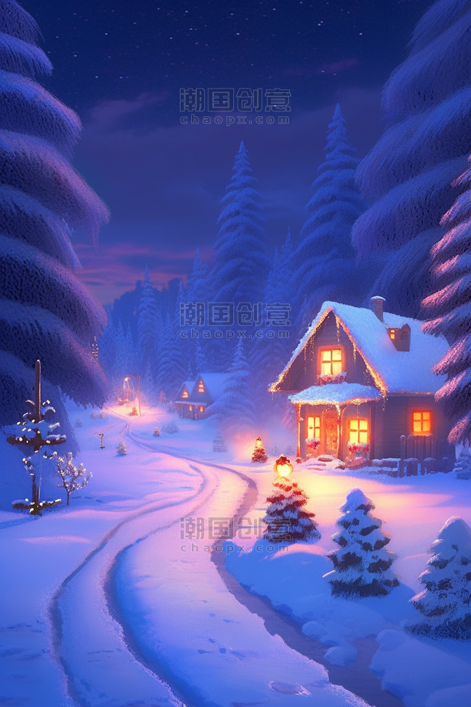 潮国创意唯美冬天夜晚风景手绘插画冬季大雪雪地