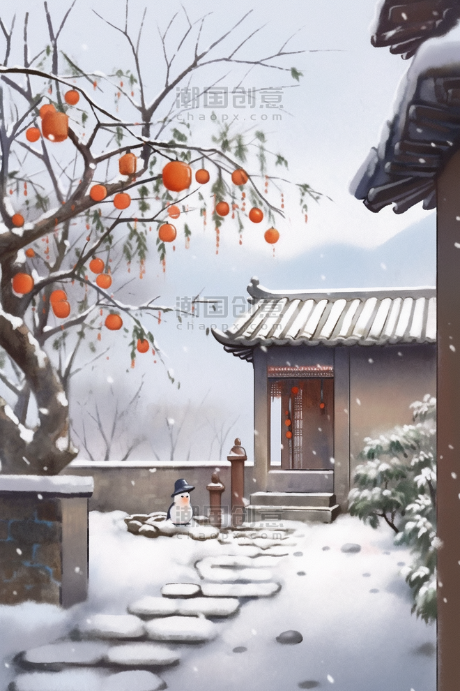 潮国创意插画冬天海报院内雪景手绘中国风小院
