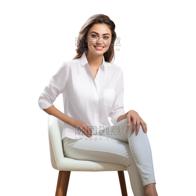 潮国创意穿着白色纽扣长袖衬衫的女人坐在椅子上居家