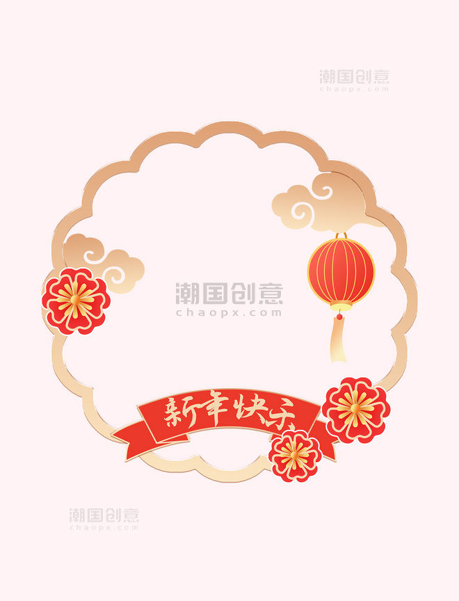 春节花朵灯笼红色头像框元素中国风边框