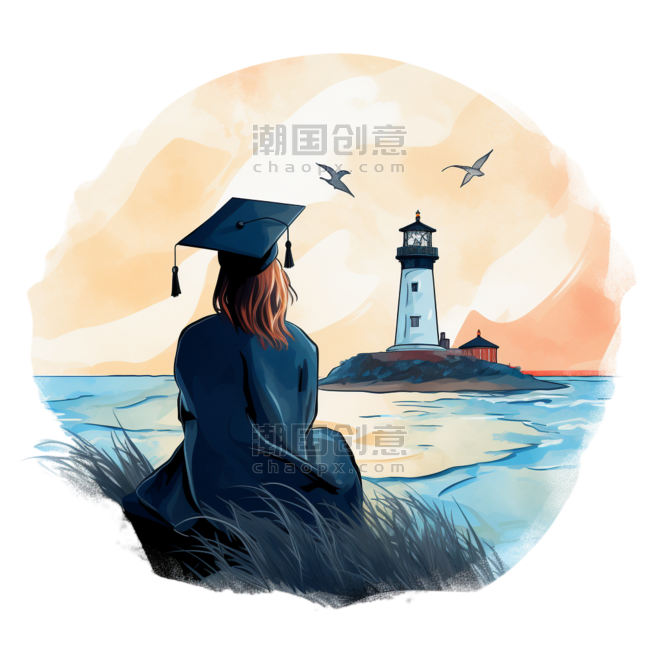 潮国创意研究生帽和披风的大学研究生坐在海边看着灯塔梦想未来