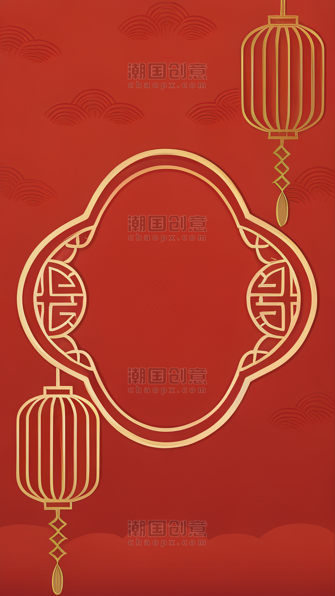 潮国创意中国风新年通用红金梅花边框背景春节