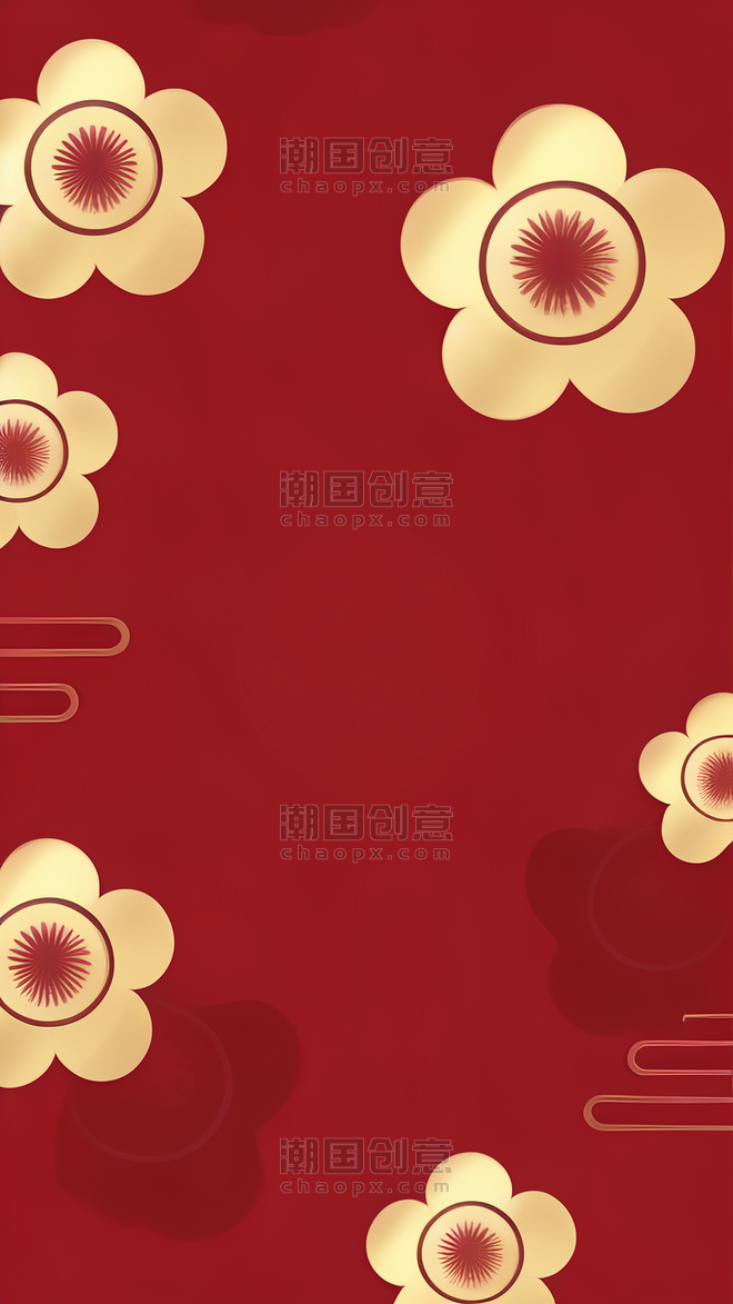 潮国创意中国风新年通用红金梅花背景春节和风底纹