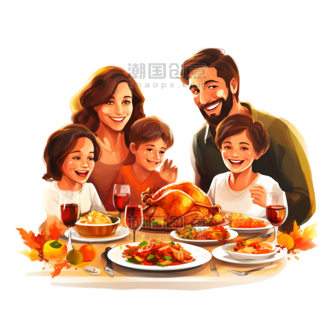 潮国创意温馨的家庭感恩节晚餐团圆一家人一起吃饭年夜饭