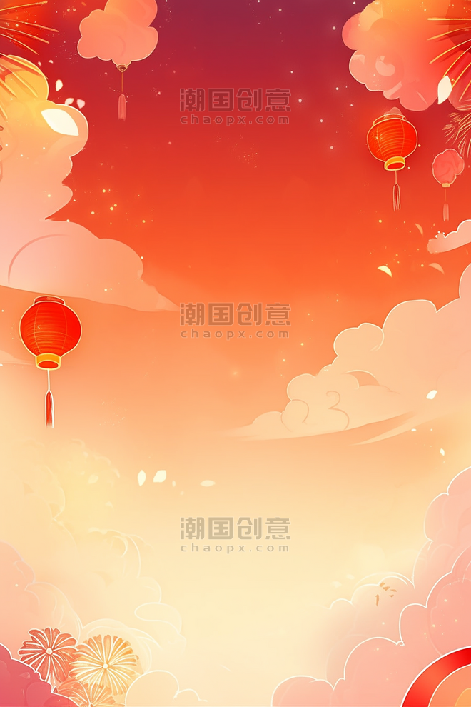 潮国创意春节新年祥云灯笼红色手绘背景