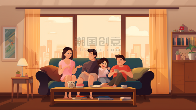 潮国创意客厅沙发亲子欢聚时光插画8看电视家庭
