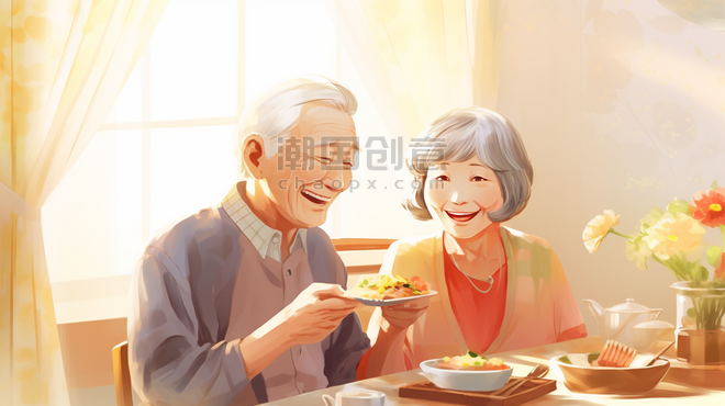 潮国创意老年夫妻用餐聊天和谐插画20吃饭