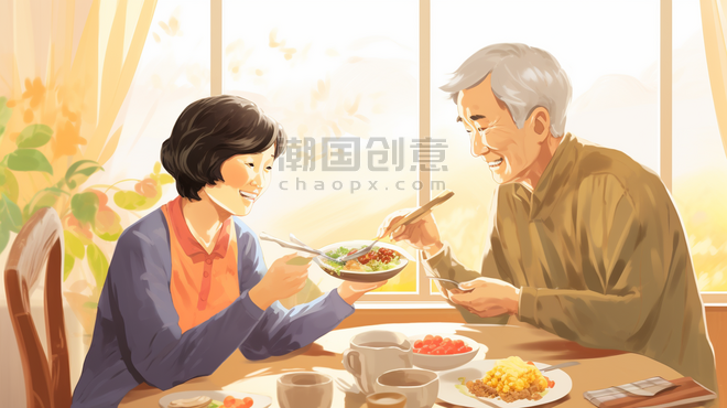 潮国创意老年夫妻用餐聊天和谐插画15吃饭