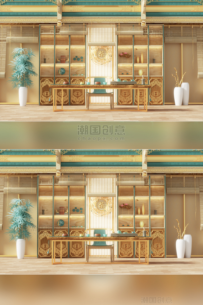 3D立体中国风中式茶室茶桌茶艺电商场景