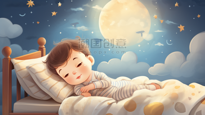 潮国创意躺在床上玩耍的小朋友插画16儿童母婴孩子夜晚睡觉