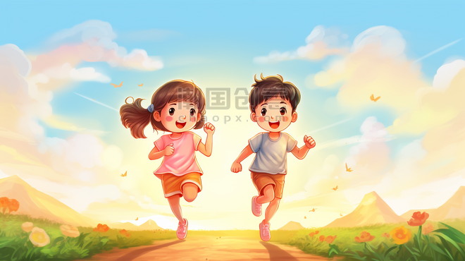 潮国创意春季里田野奔跑的孩童插画12