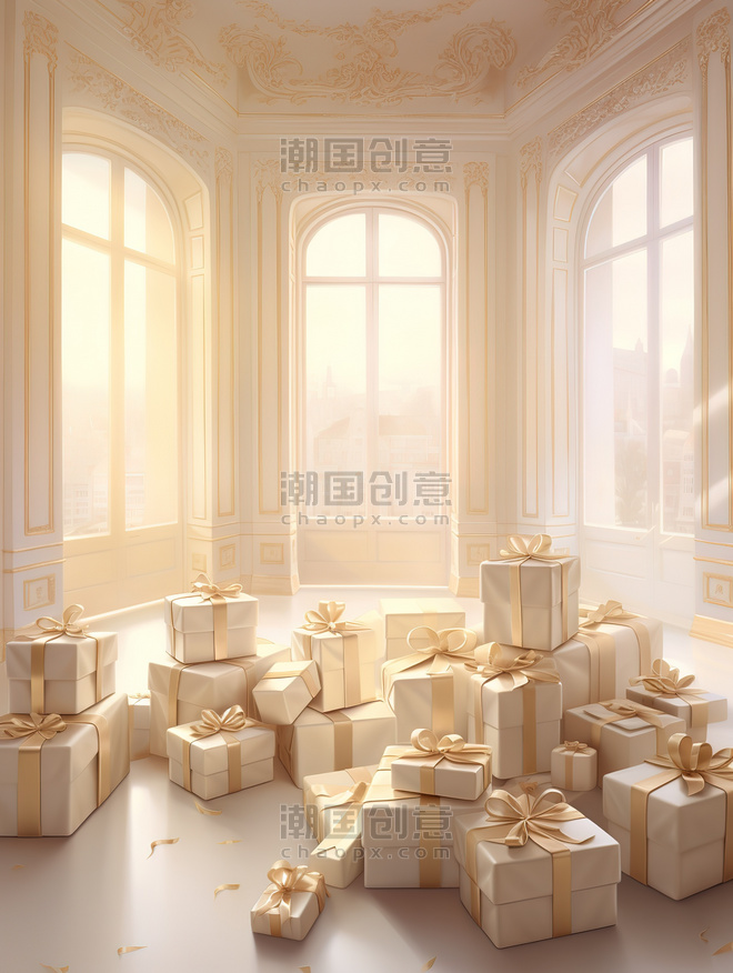 潮国创意金色城堡建筑一堆礼盒15圣诞节元旦新年欧式礼物