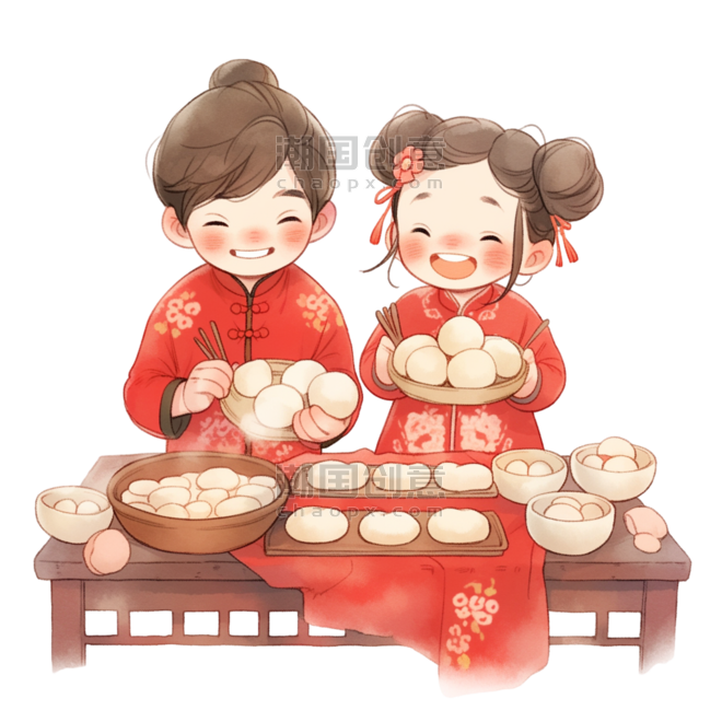 潮国创意新年卡通情侣做糕点手绘元素春节做饭包饺子
