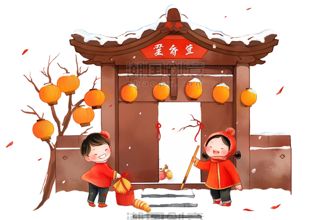 潮国创意手绘新年门庭灯笼孩子卡通元素春节打扫拜年